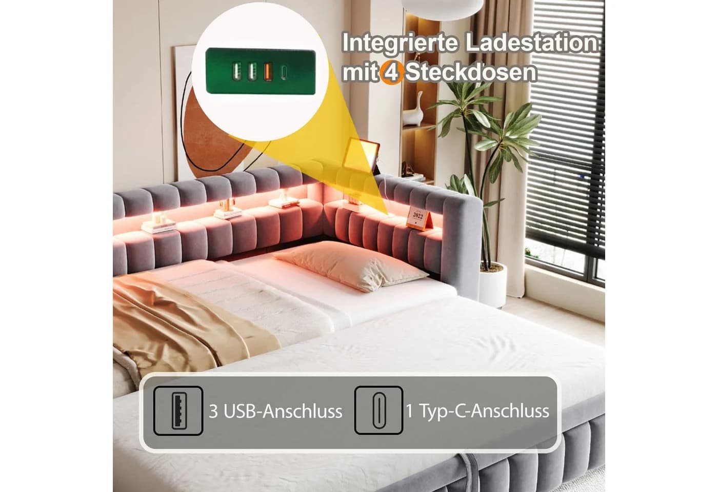 Flieks Daybett mit Ausziehbett und LED-Beleuchtung Grau Samt - Bild 4