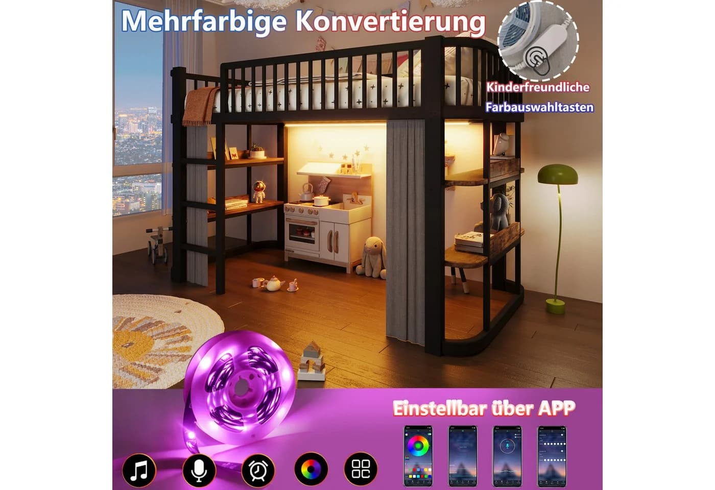 Flieks Hochbett Metallbett 90x200cm mit LED-Beleuchtung und Vorhängen - Bild 5
