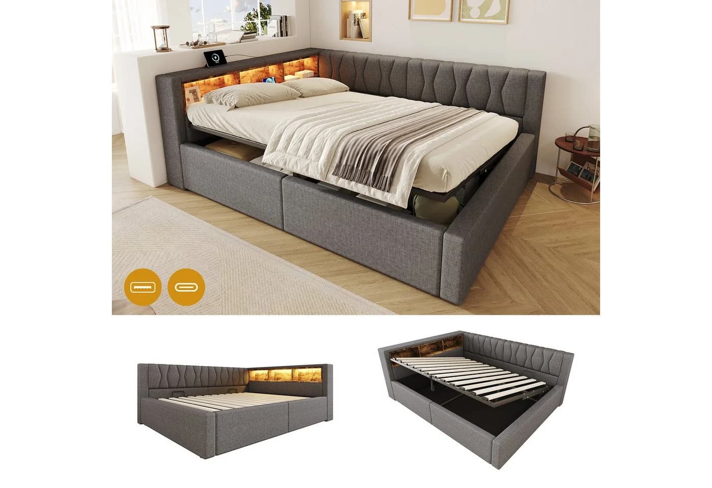 Flieks Daybett Polsterbett 140x200 grau mit LED-Leiste - Bild 2