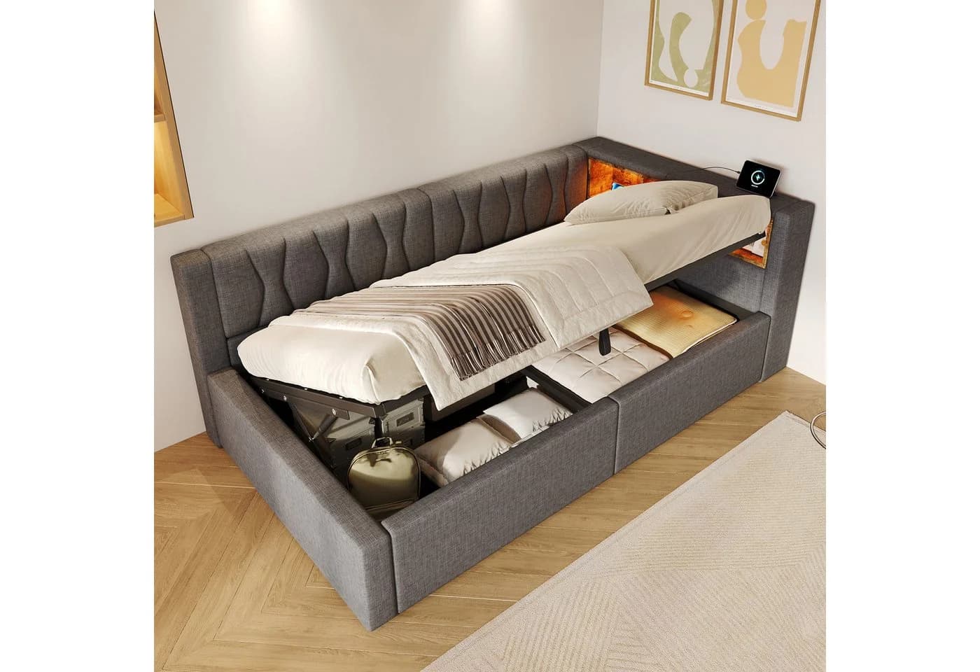 Flieks Daybett Polsterbett Schlafsofa 90x200 grau mit Hydraulik und LED