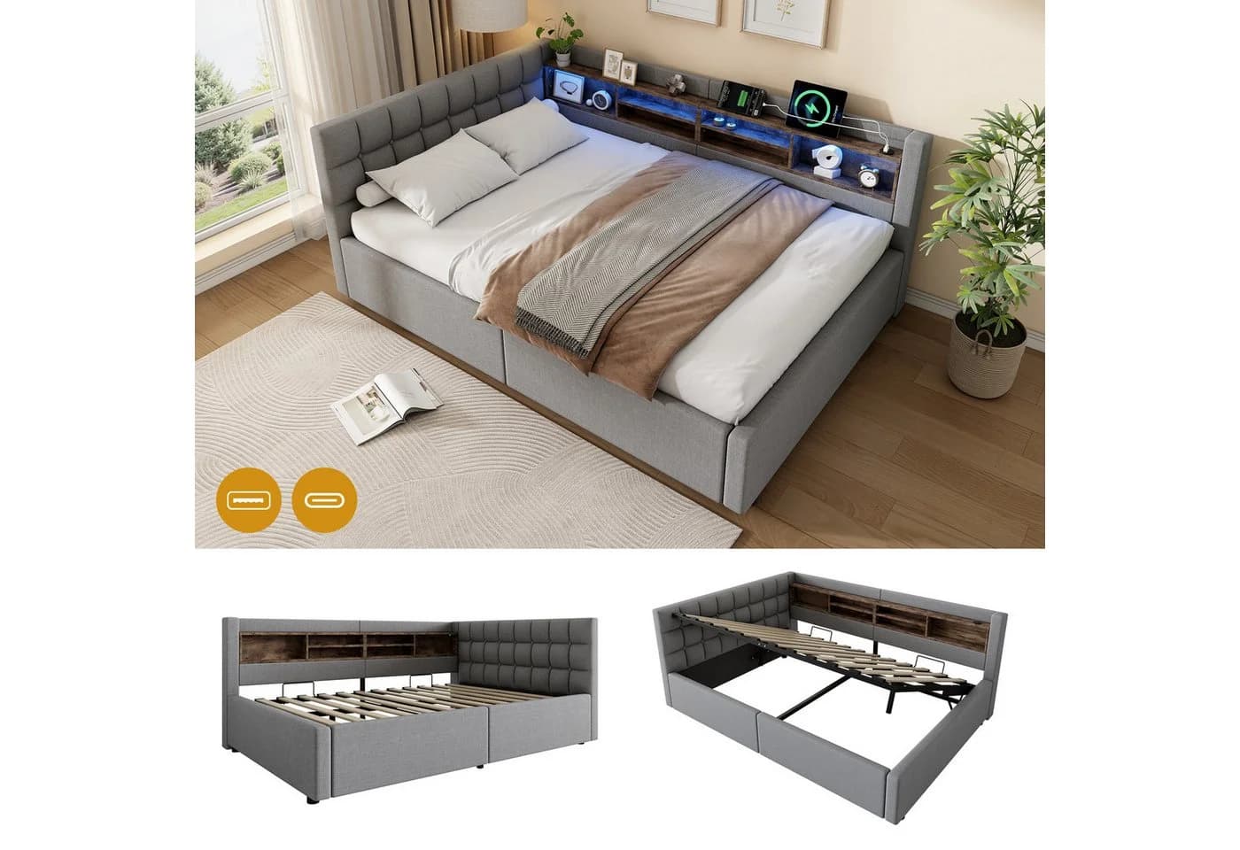 Flieks Daybett Polsterbett Schlafsofa 140x200 grau mit Hydraulik und LED - Bild 2