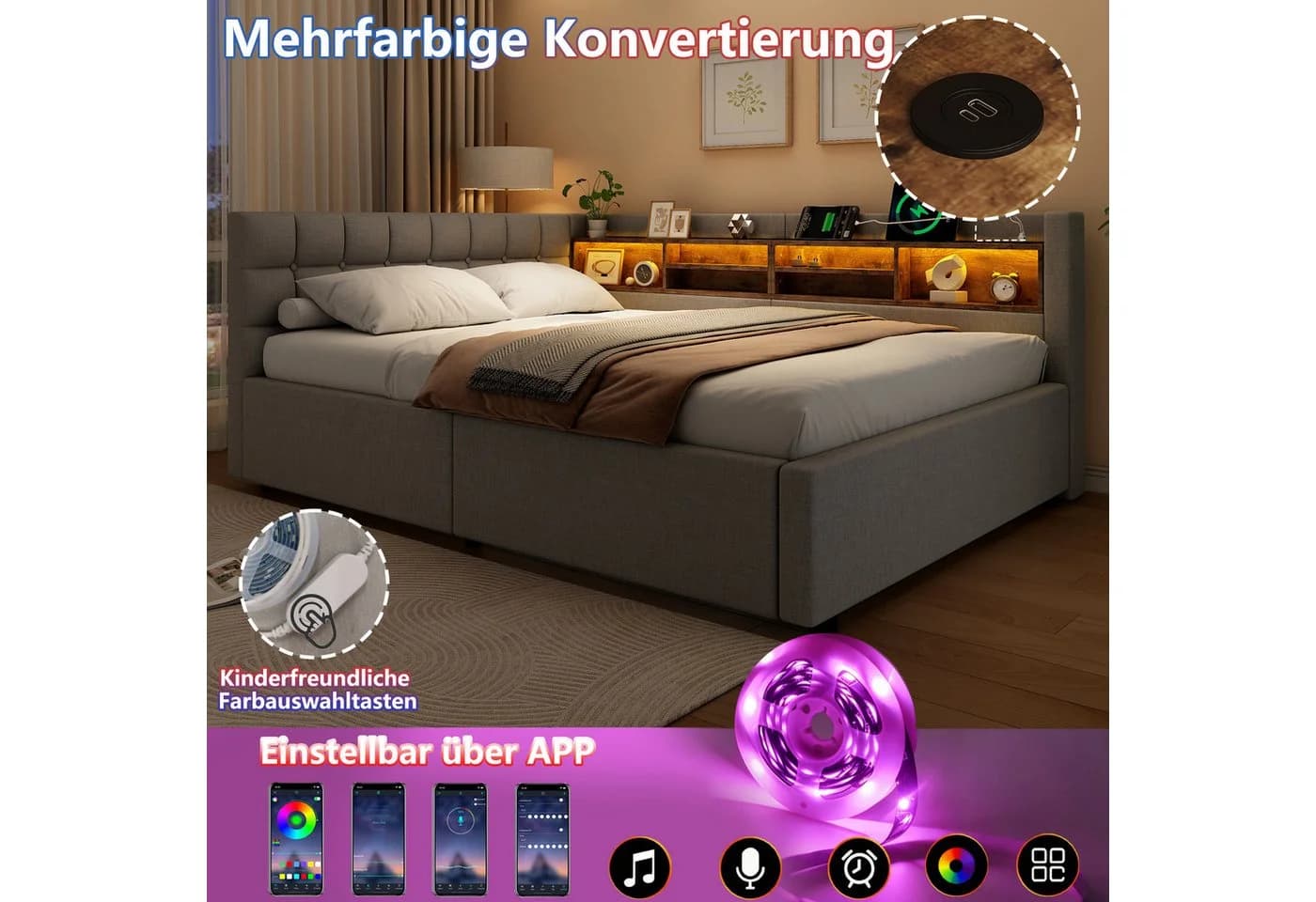 Flieks Daybett Polsterbett Schlafsofa 140x200 grau mit Hydraulik und LED - Bild 4