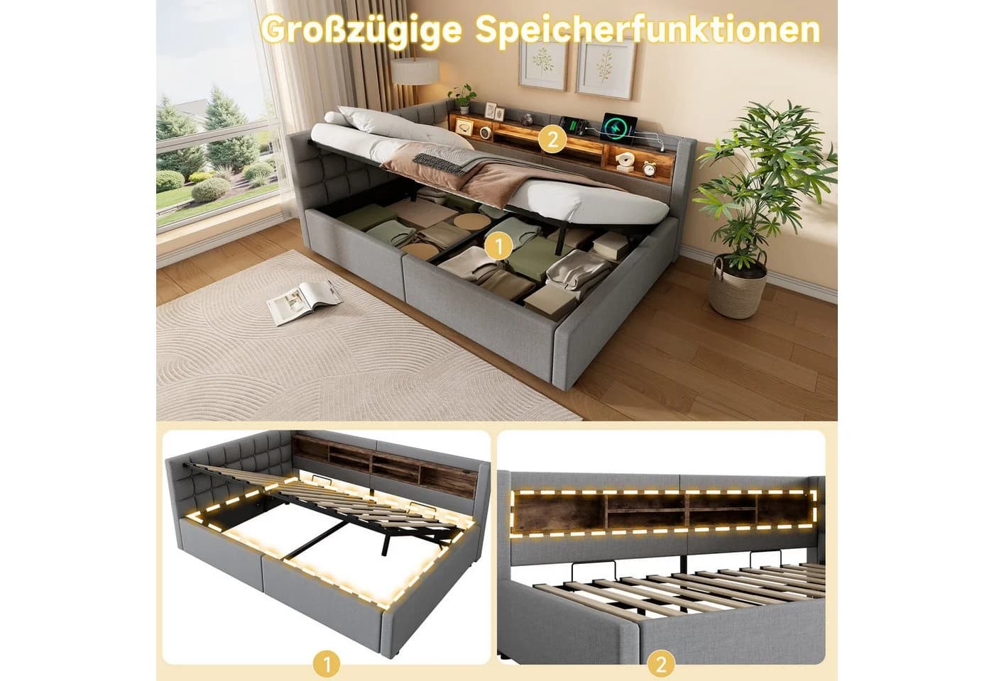 Flieks Daybett Polsterbett Schlafsofa 140x200 grau mit Hydraulik und LED - Bild 5