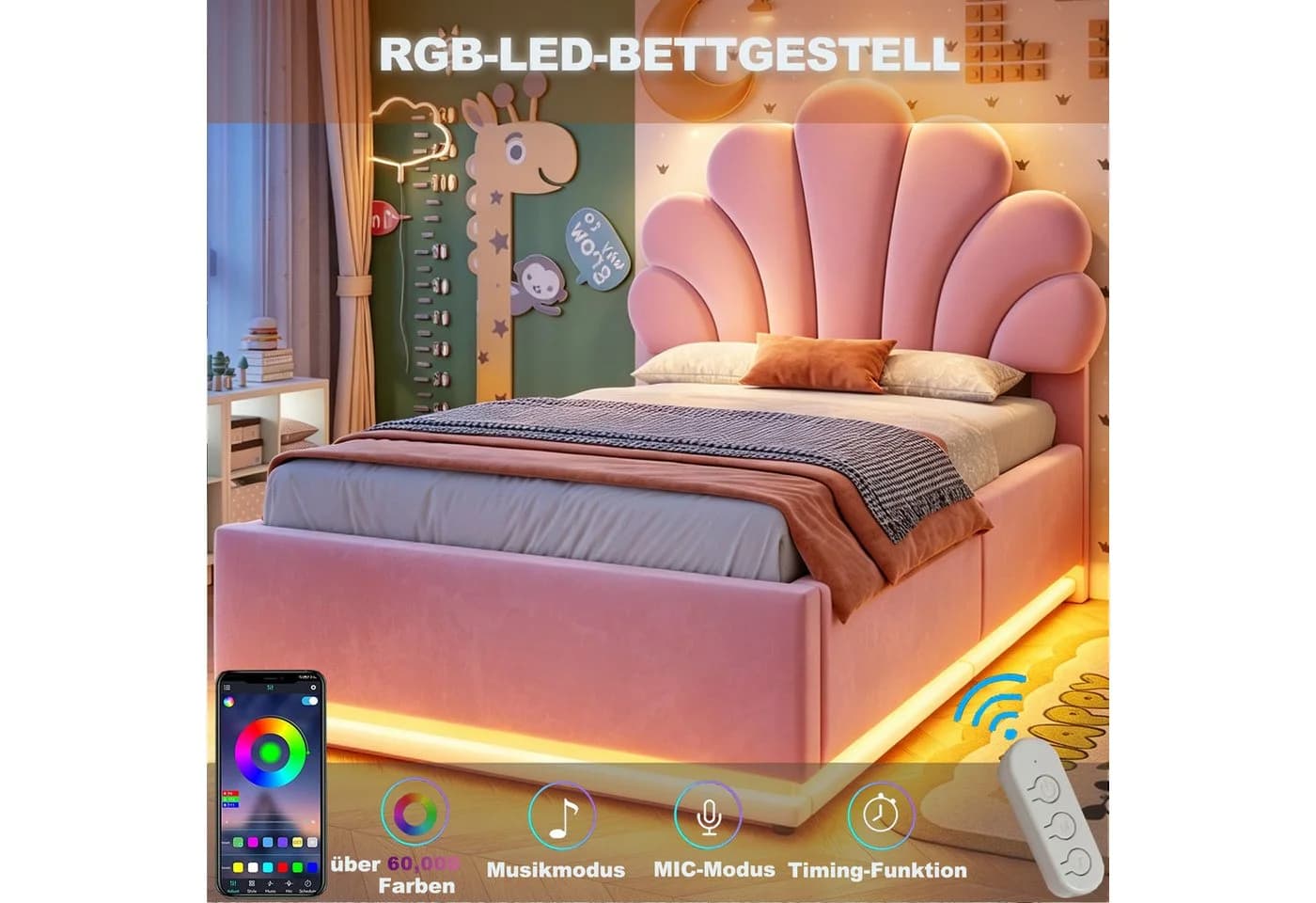 Flieks Polsterbett Rosa mit LED-Leiste & Stauraum - Bild 4