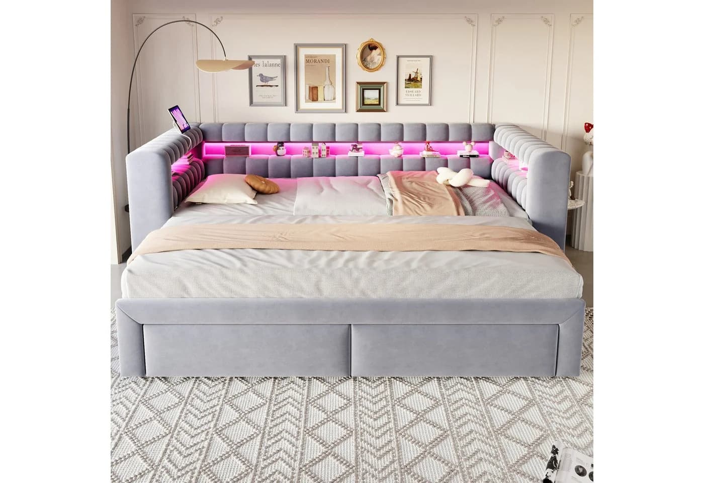 Flieks Daybett grau mit Ausziehbett, LED & USB