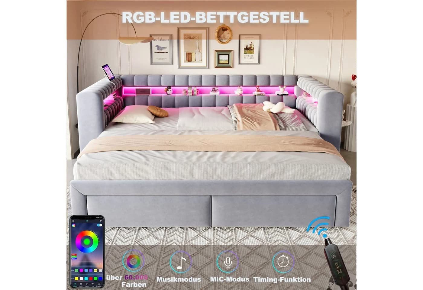 Flieks Daybett grau mit Ausziehbett, LED & USB - Bild 5