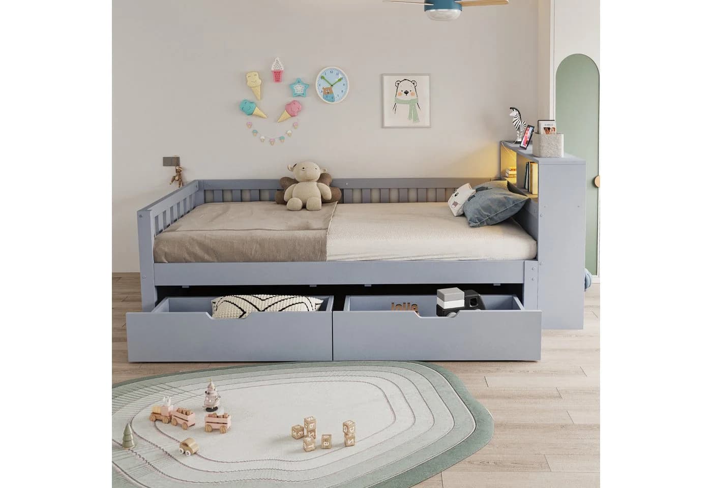 Flieks Kinderbett 90x200 mit Schubladen und Lichtleiste Grau