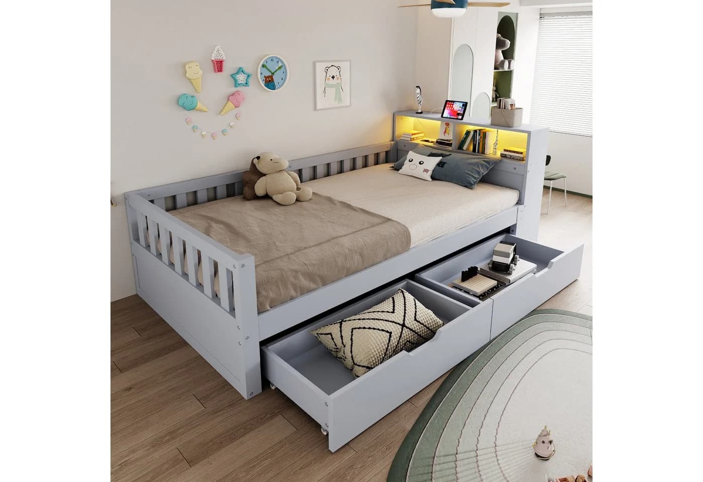Flieks Kinderbett 90x200 mit Schubladen und Lichtleiste Grau - Bild 2