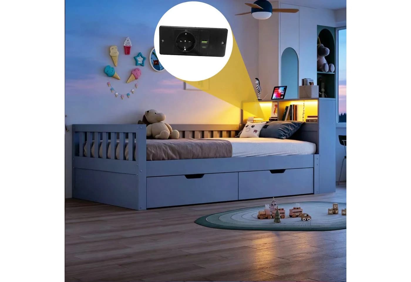 Flieks Kinderbett 90x200 mit Schubladen und Lichtleiste Grau - Bild 3