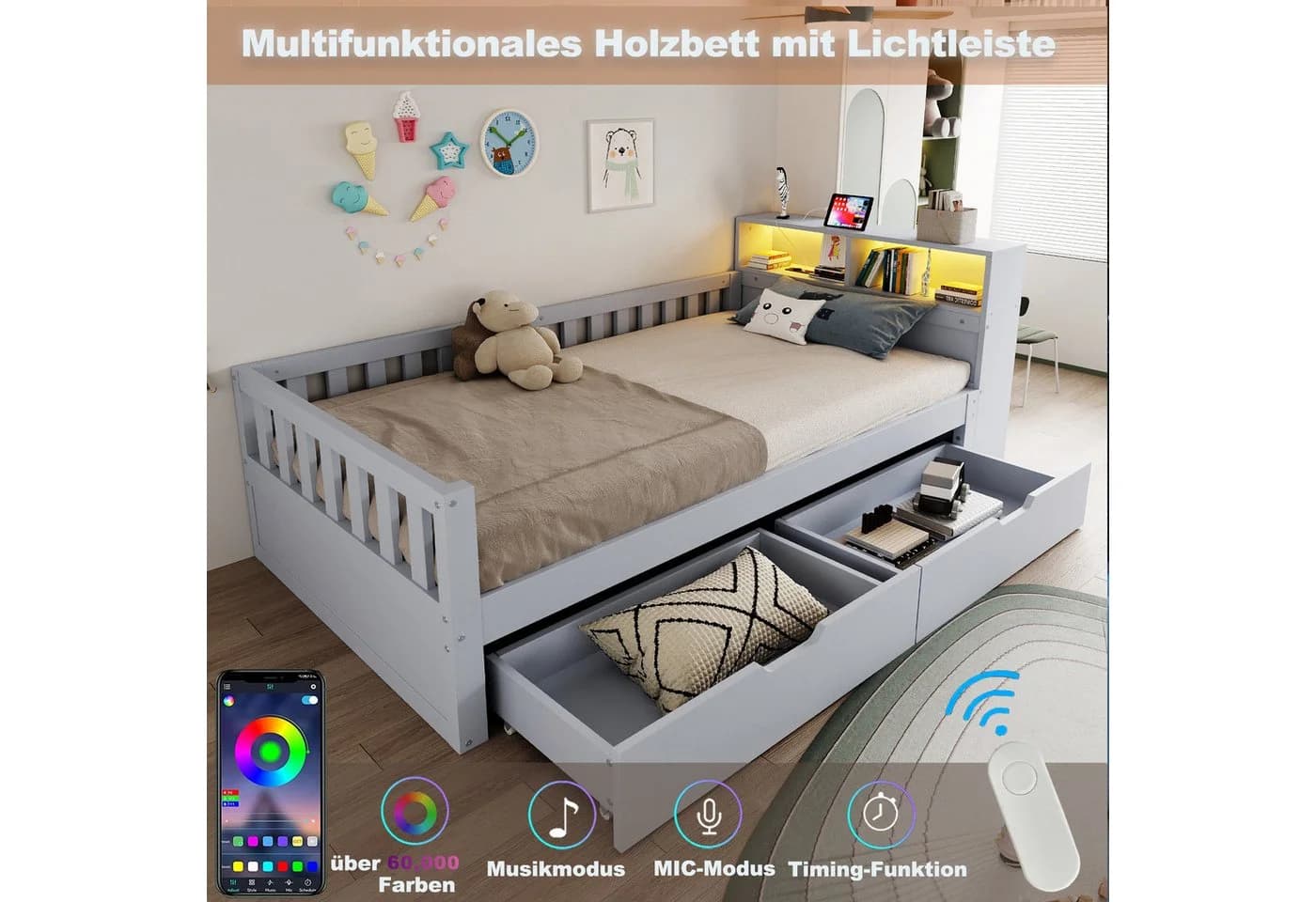 Flieks Kinderbett 90x200 mit Schubladen und Lichtleiste Grau - Bild 4
