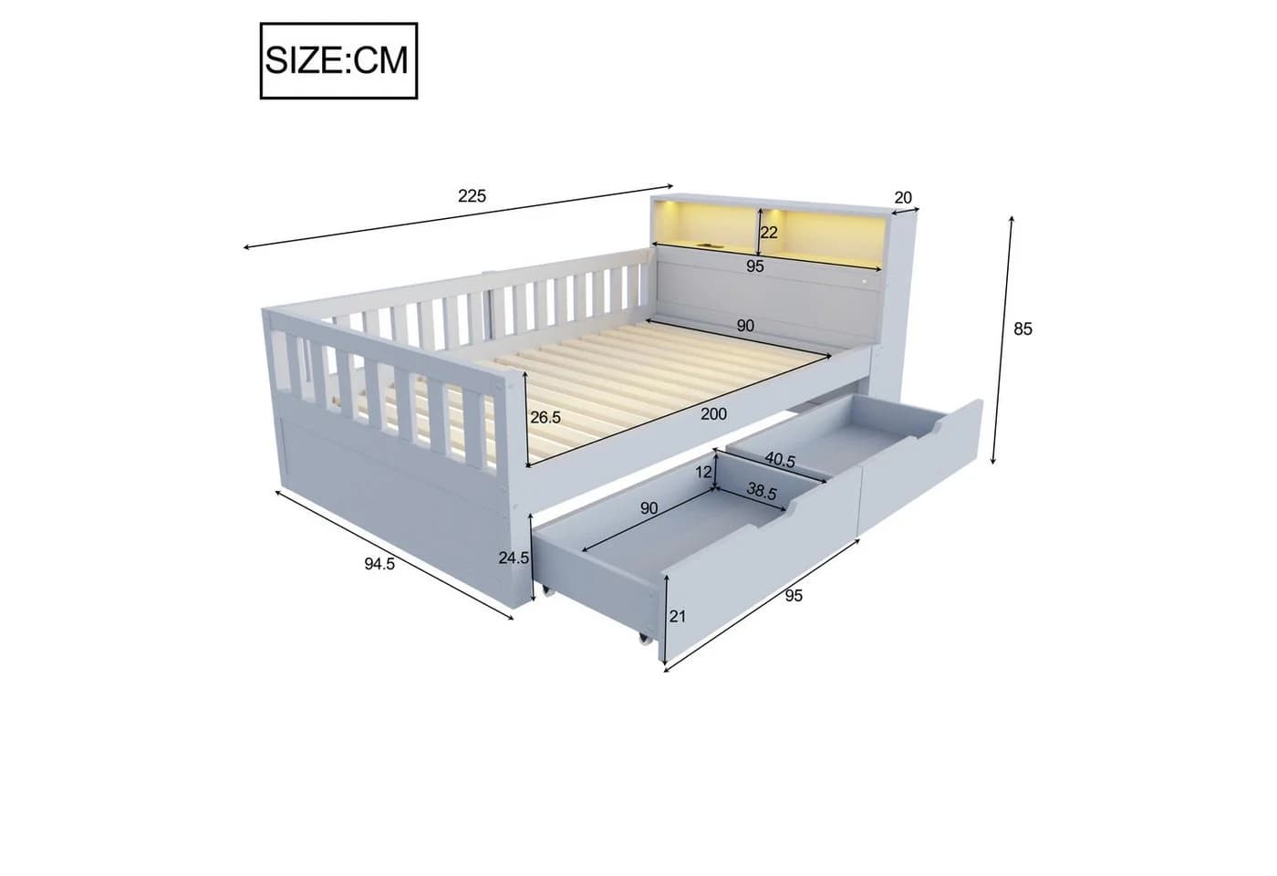 Flieks Kinderbett 90x200 mit Schubladen und Lichtleiste Grau - Bild 5