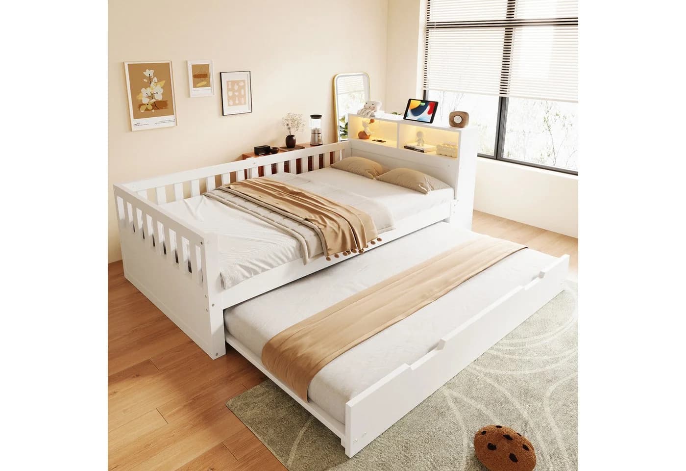 Flieks Holzbett Kinderbett 90x200cm mit Ausziehbett und Lichtleiste Weiß - Bild 2
