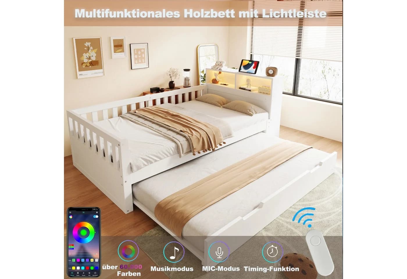 Flieks Holzbett Kinderbett 90x200cm mit Ausziehbett und Lichtleiste Weiß - Bild 4