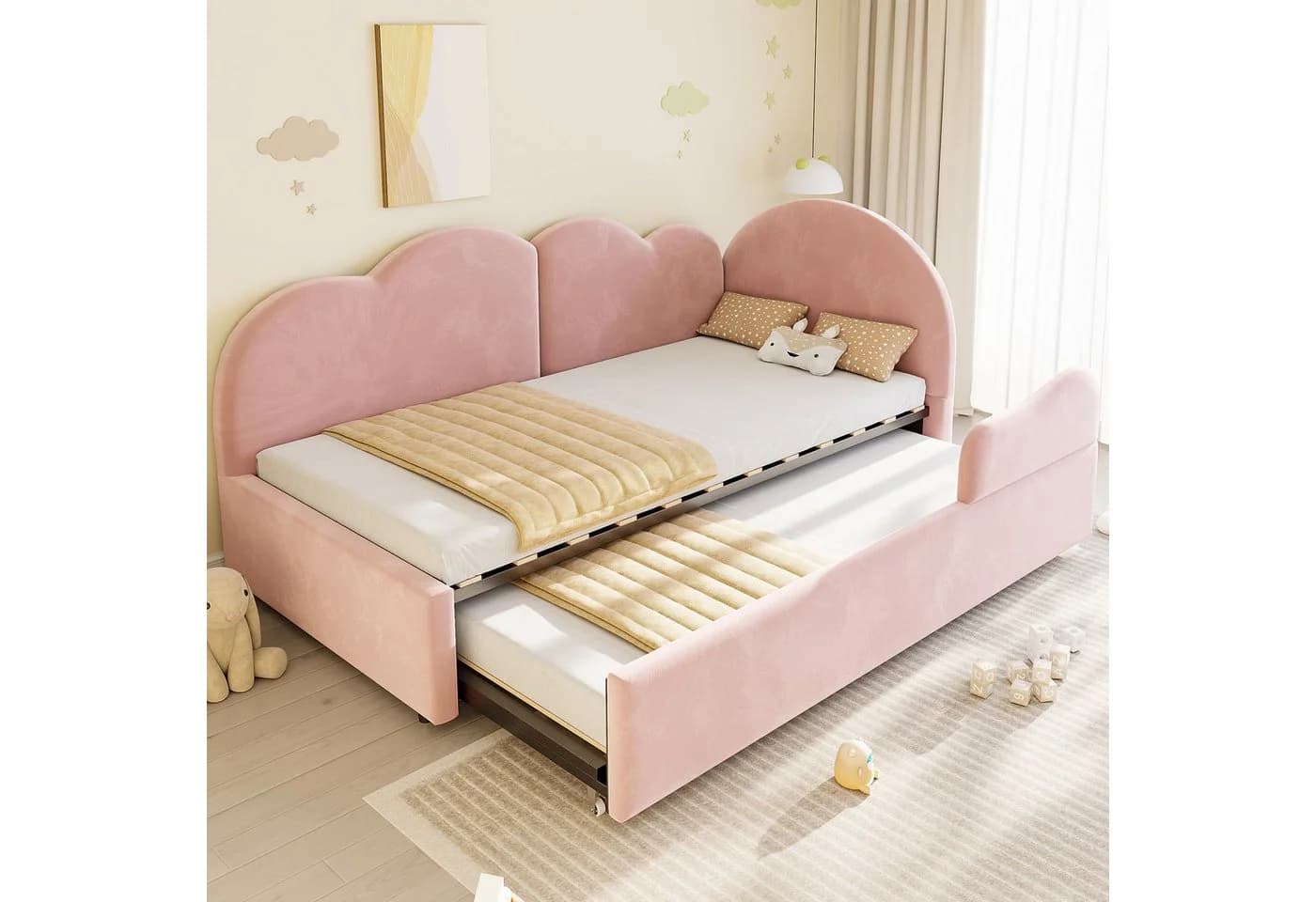 Flieks Polsterbett L-Form Daybett Rosa Samt mit Ausziehbett