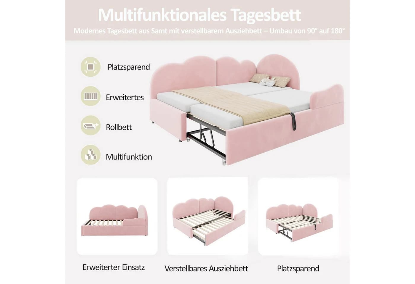 Flieks Polsterbett L-Form Daybett Rosa Samt mit Ausziehbett - Bild 4