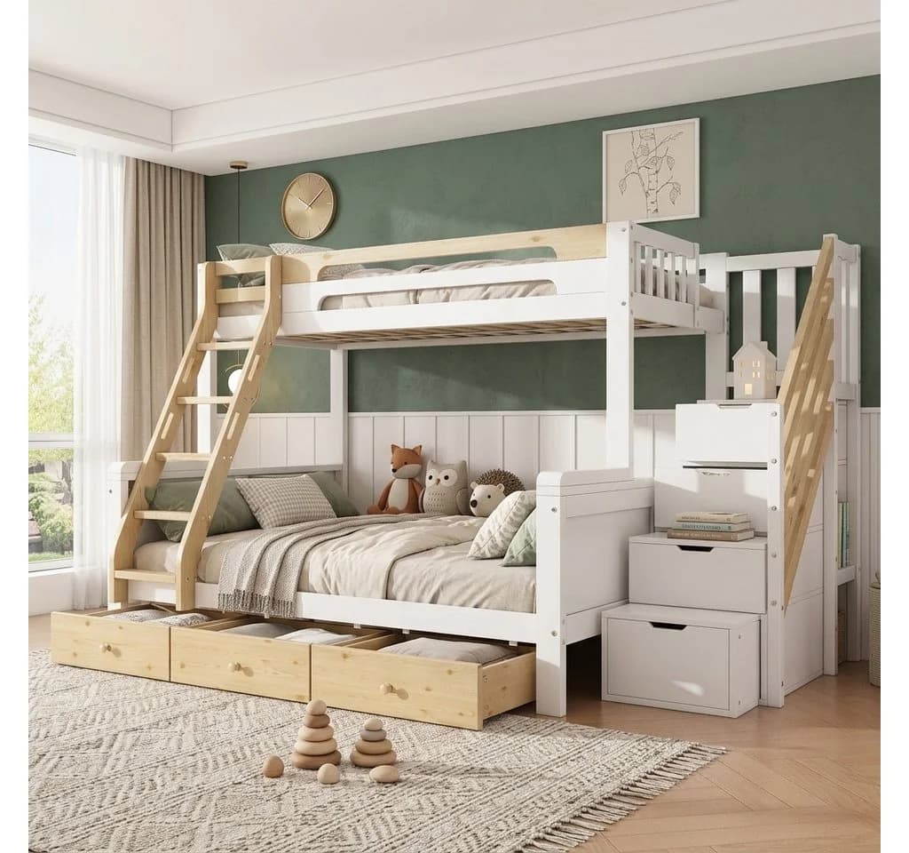Flieks Etagenbett mit Stauraumtreppe und 3 Schubladen