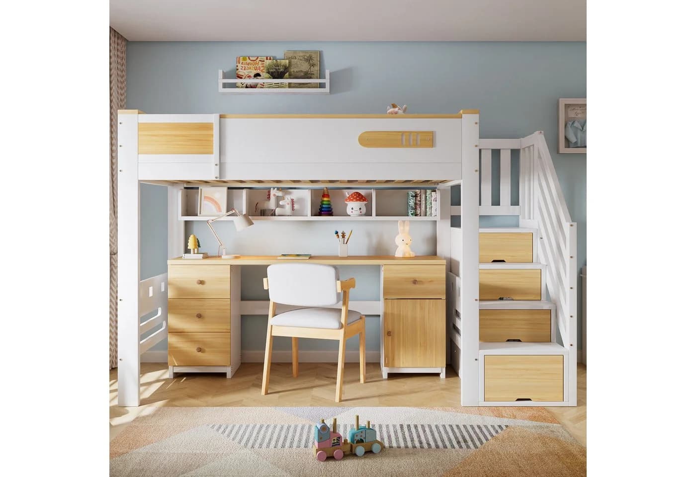 Flieks Hochbett mit Stauraumtreppe, Schreibtisch und Hängeregal - Bild 2