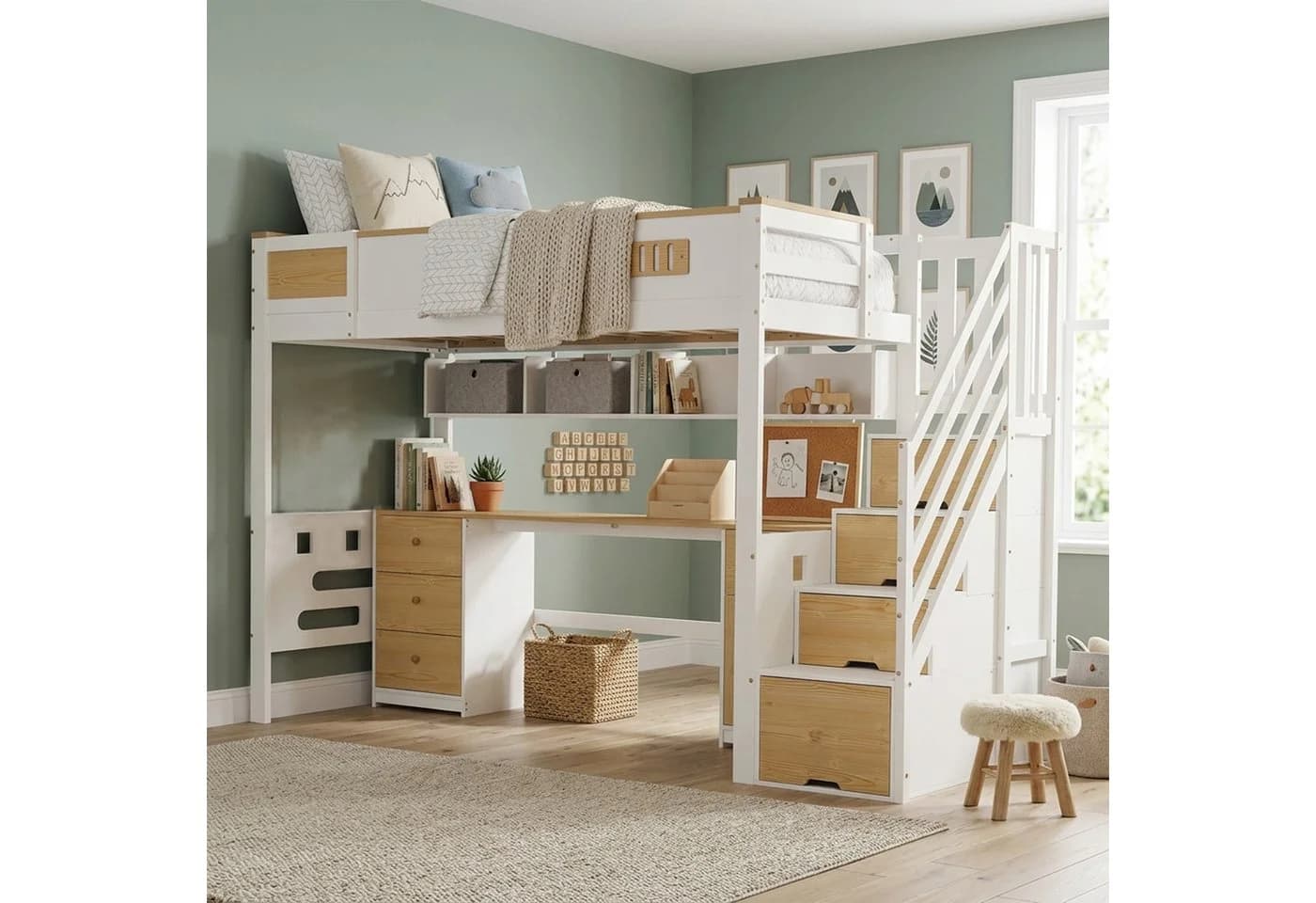 Flieks Hochbett mit Stauraumtreppe, Schreibtisch und Hängeregal - Bild 3