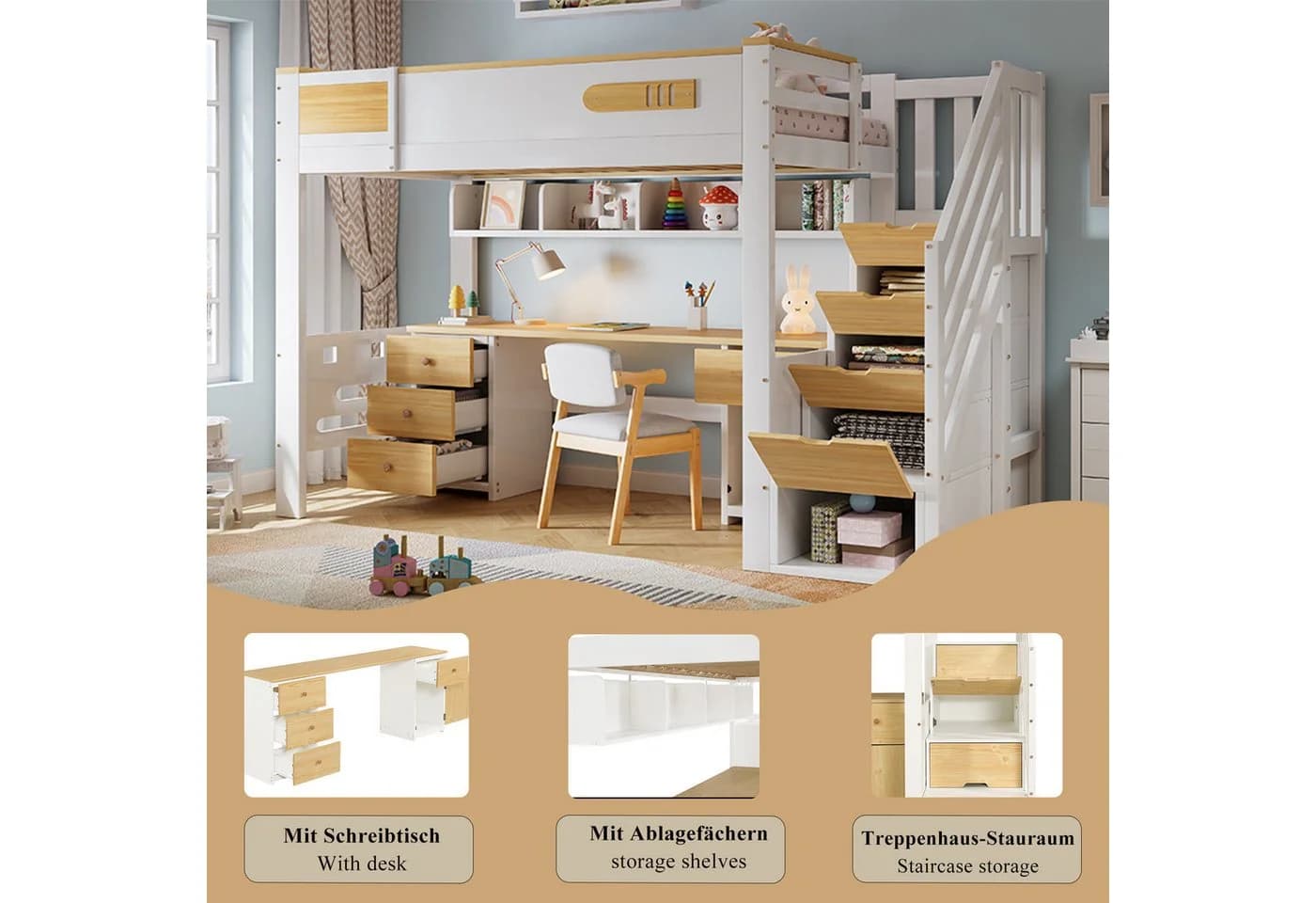 Flieks Hochbett mit Stauraumtreppe, Schreibtisch und Hängeregal - Bild 4
