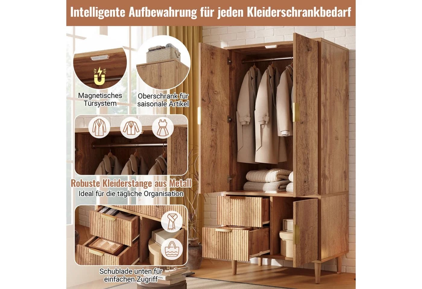 Flieks Kleiderschrank Garderobenschrank 3 Türen 2 Schubladen - Bild 4