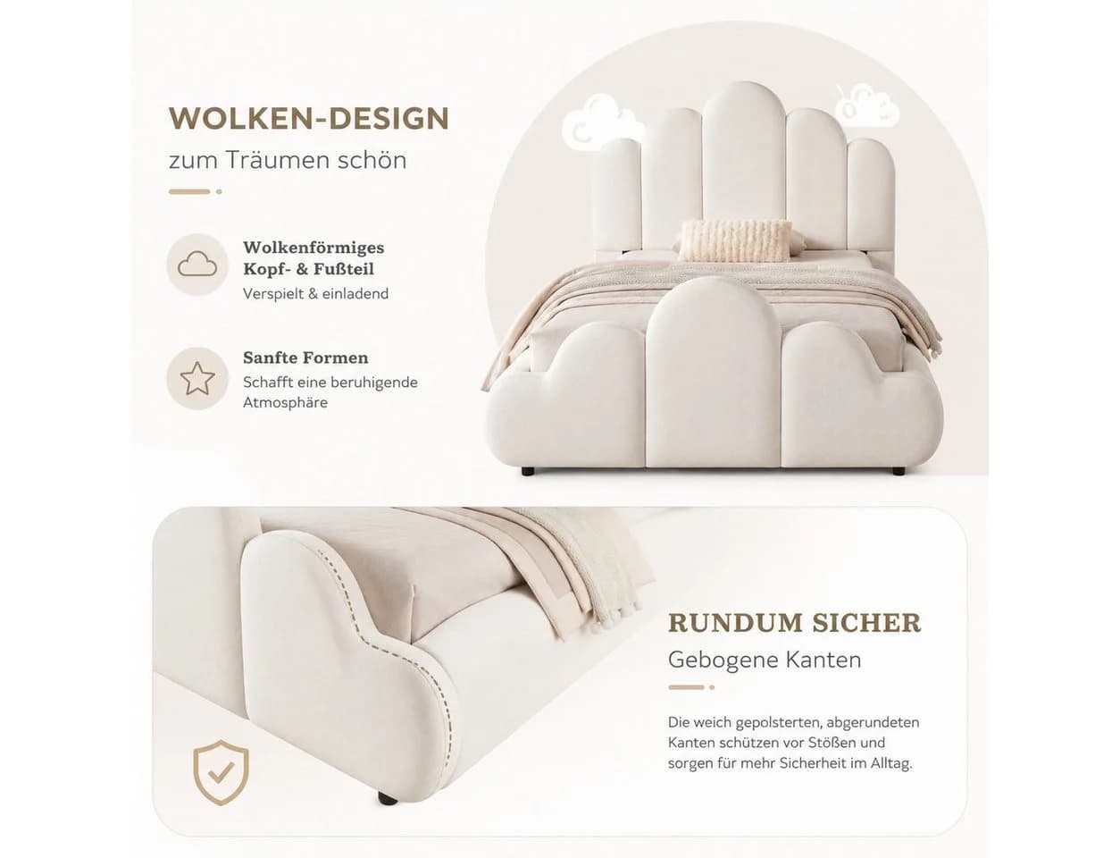 Flieks Polsterbett Kinderbett Wolken-Form Beige Samt - Bild 3