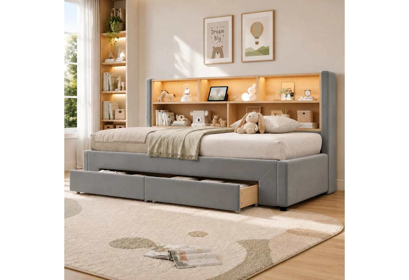 Flieks Daybett grau mit Ausziehbett, Schubladen & LED - Bild 3