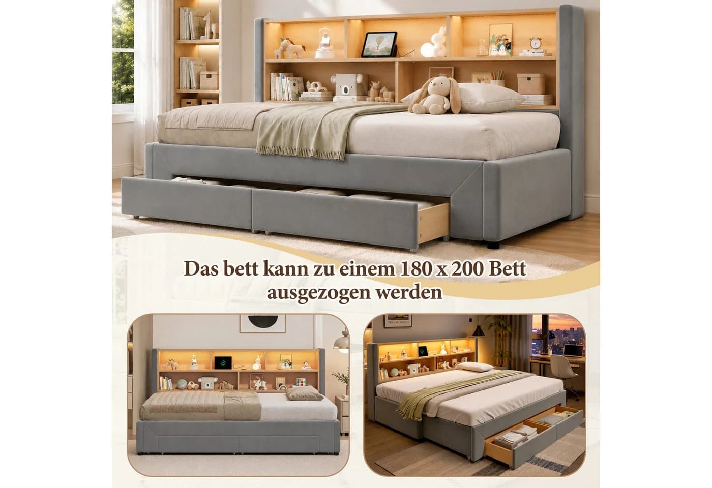 Flieks Daybett grau mit Ausziehbett, Schubladen & LED - Bild 5