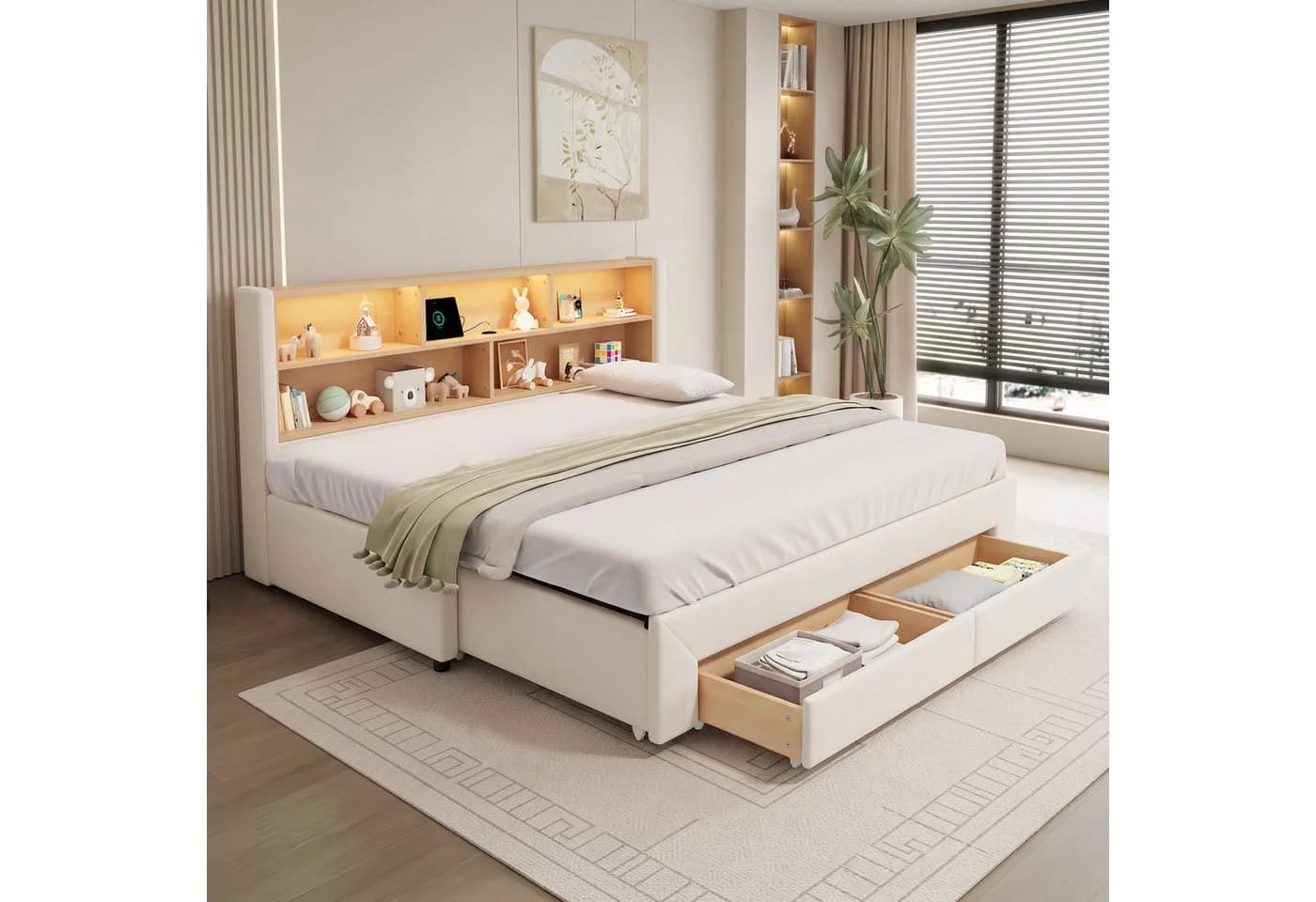 Flieks Daybett Polsterbett Beige mit Ausziehbett, 2 Schubladen & LED