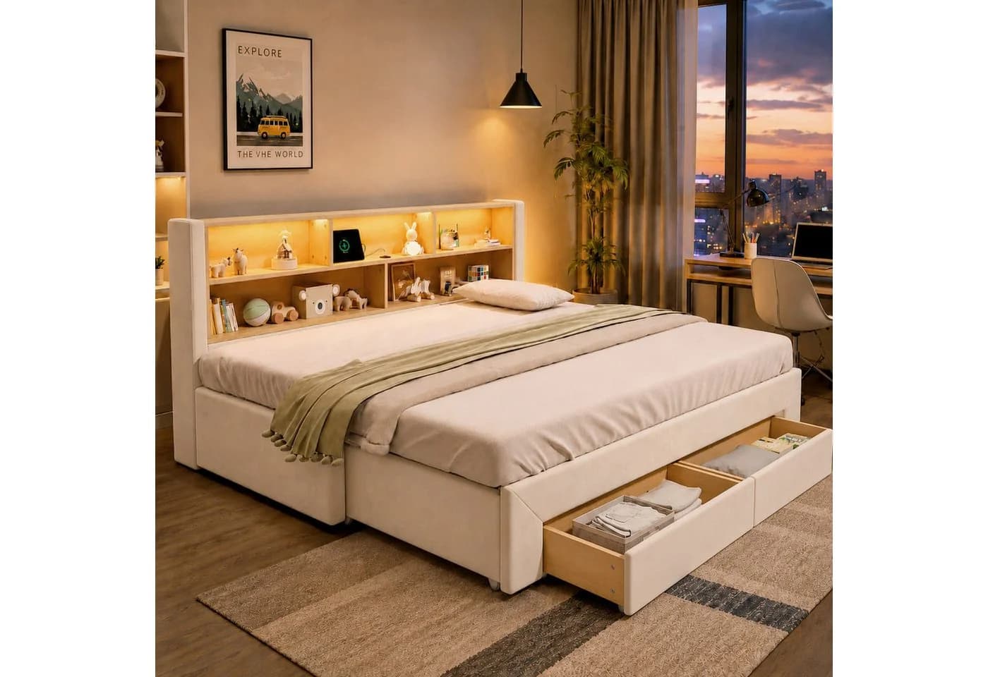 Flieks Daybett Polsterbett Beige mit Ausziehbett, 2 Schubladen & LED - Bild 2