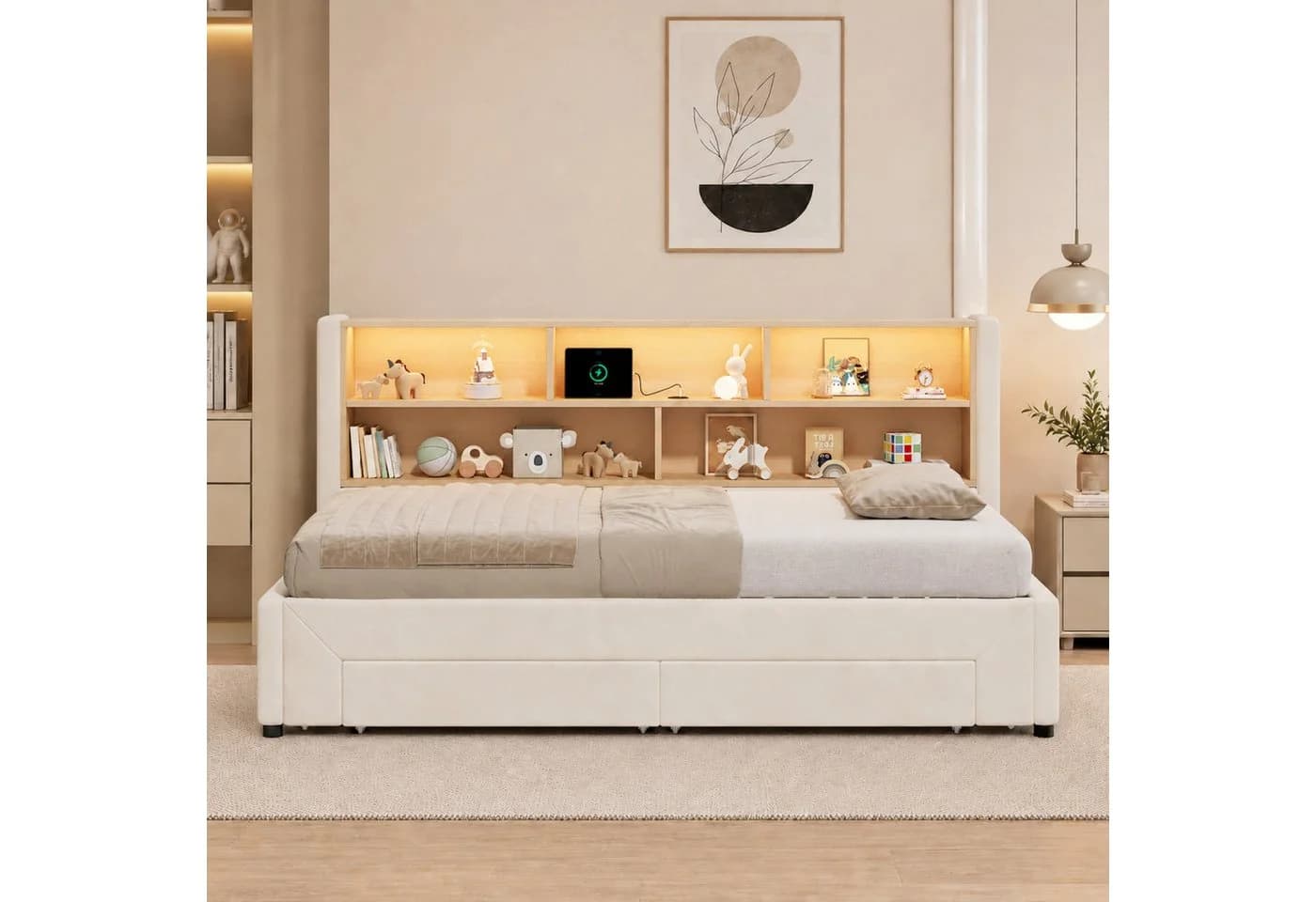 Flieks Daybett Polsterbett Beige mit Ausziehbett, 2 Schubladen & LED - Bild 4