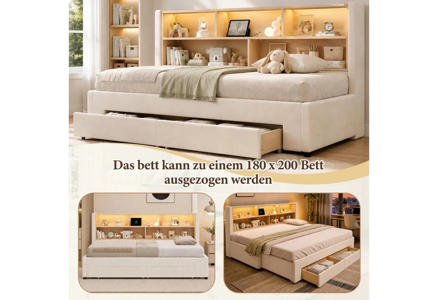 Flieks Daybett Polsterbett Beige mit Ausziehbett, 2 Schubladen & LED - Bild 5