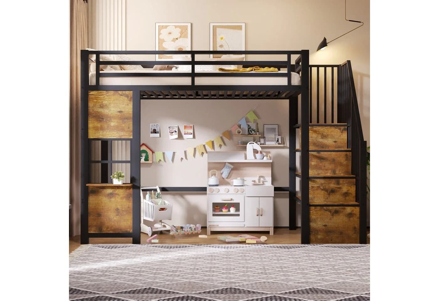 Flieks Hochbett Metallbett Fenster-Design mit Stauraumtreppe