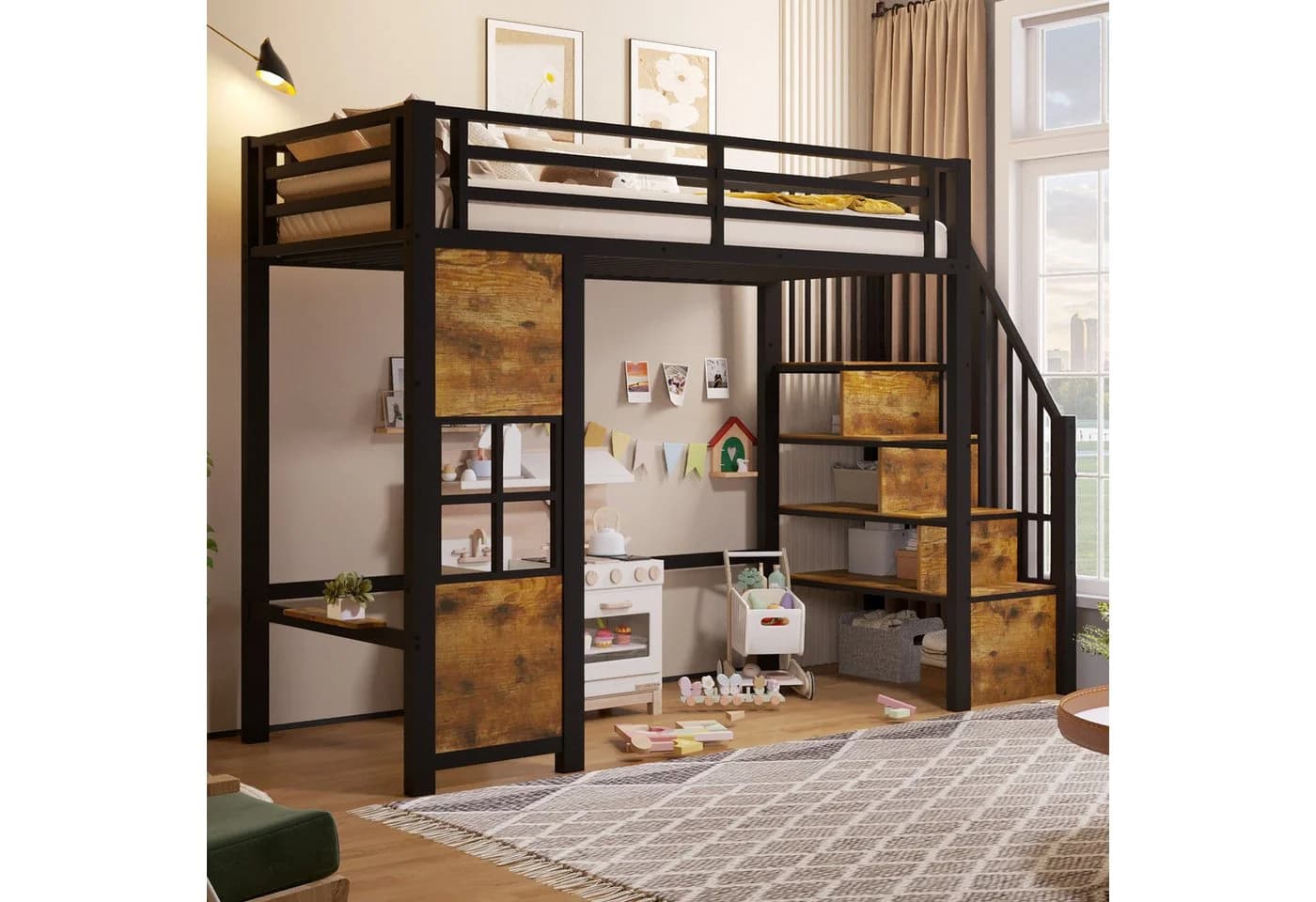 Flieks Hochbett Metallbett Fenster-Design mit Stauraumtreppe - Bild 2