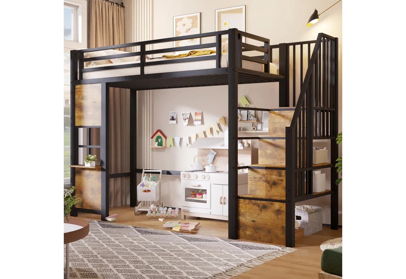 Flieks Hochbett Metallbett Fenster-Design mit Stauraumtreppe - Bild 3
