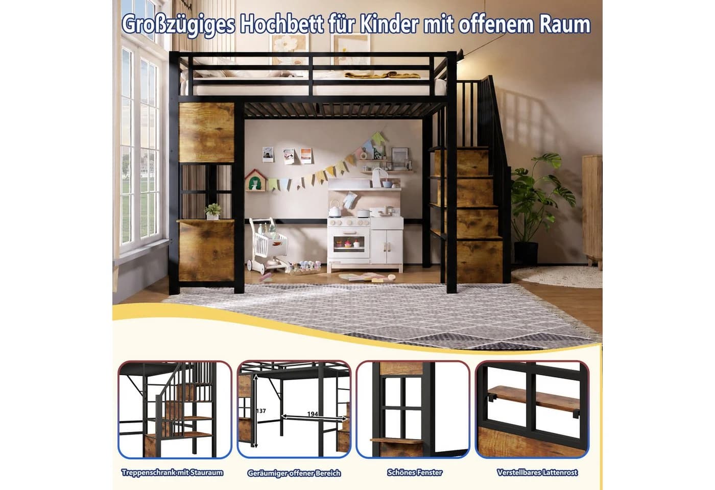 Flieks Hochbett Metallbett Fenster-Design mit Stauraumtreppe - Bild 4