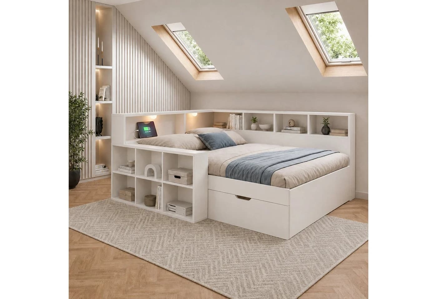 Flieks Holzbett Kinderbett 90x200cm Weiß mit Stauraum und Leselicht