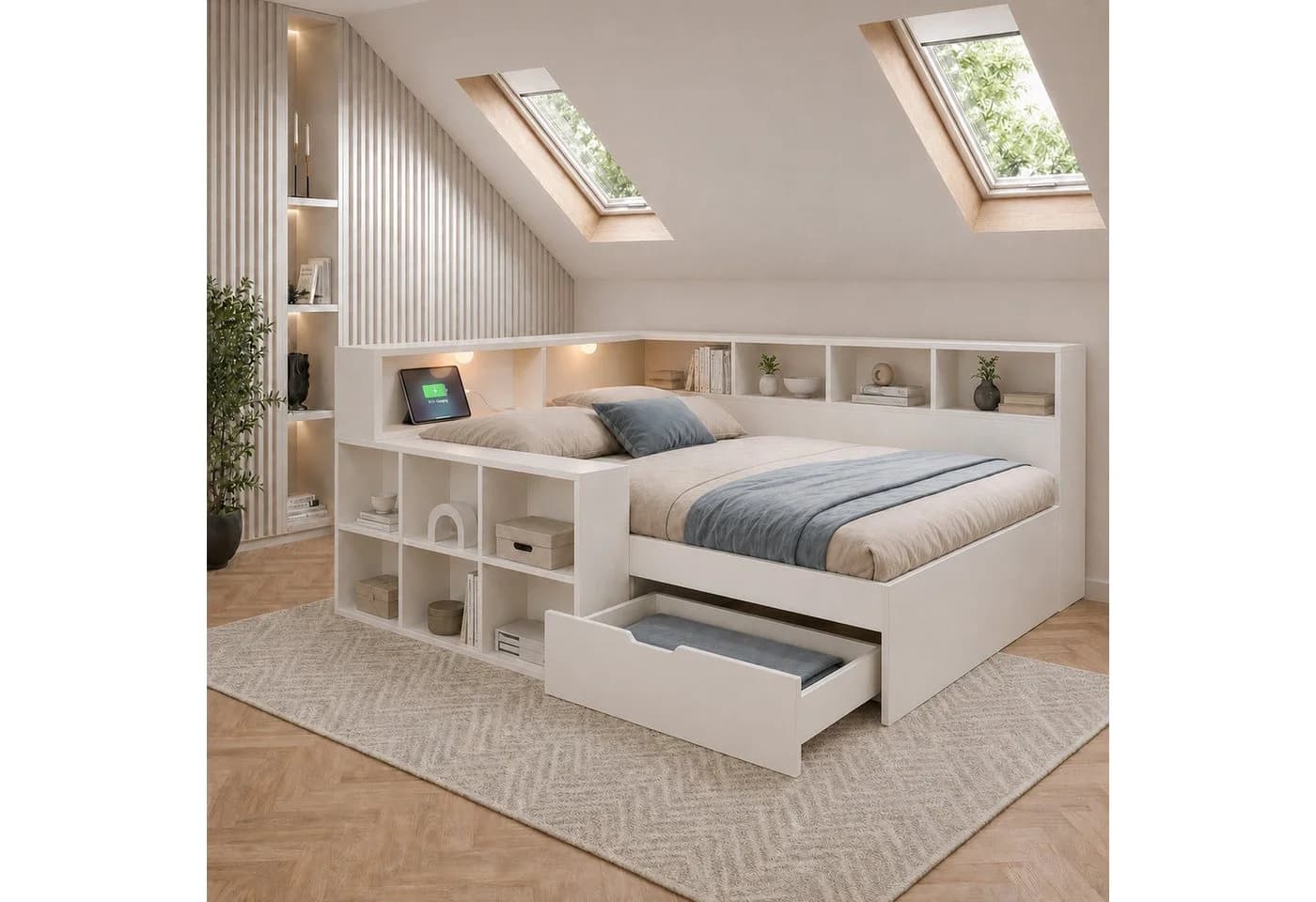 Flieks Holzbett Kinderbett 90x200cm Weiß mit Stauraum und Leselicht - Bild 2