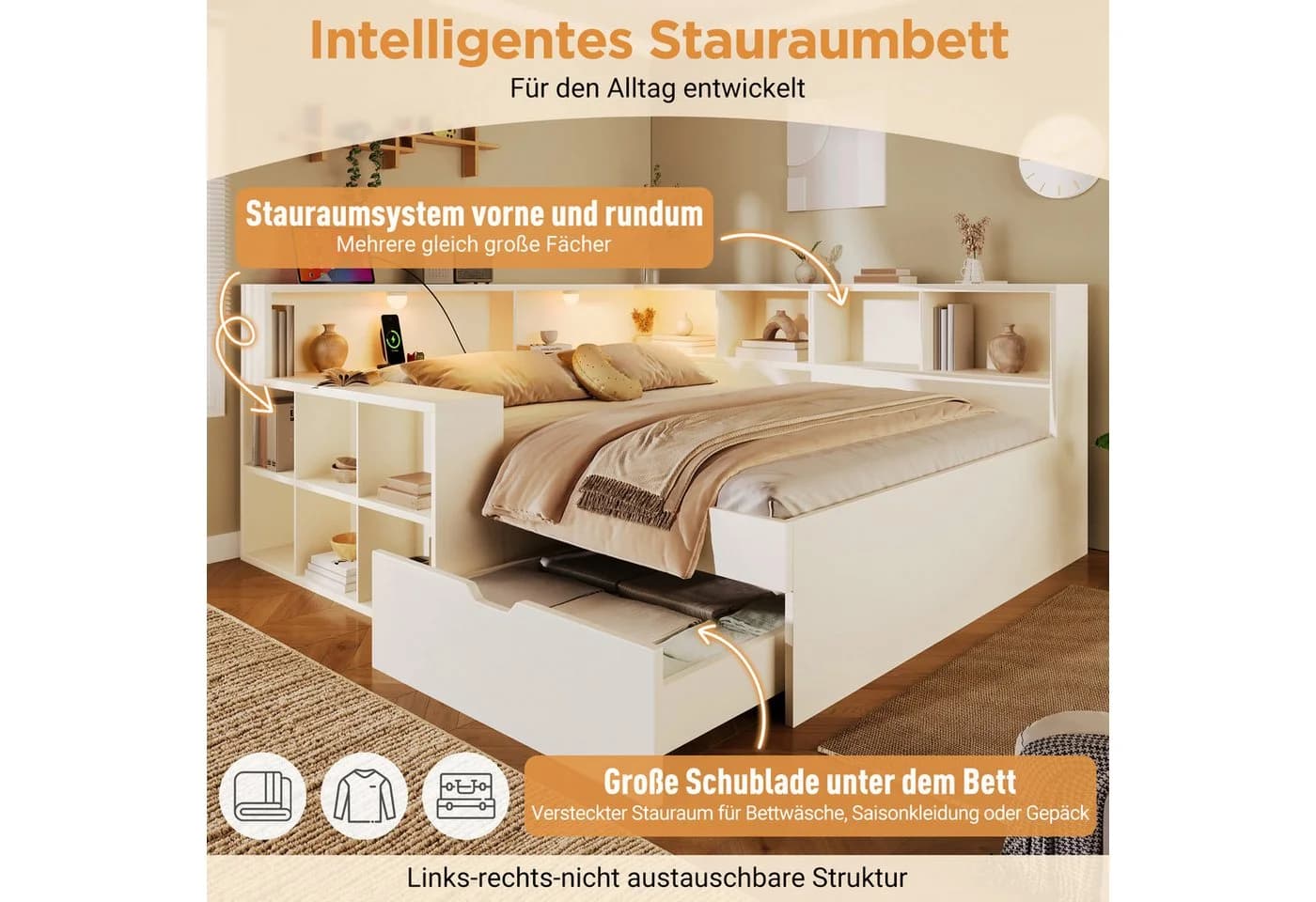 Flieks Holzbett Kinderbett 90x200cm Weiß mit Stauraum und Leselicht - Bild 4