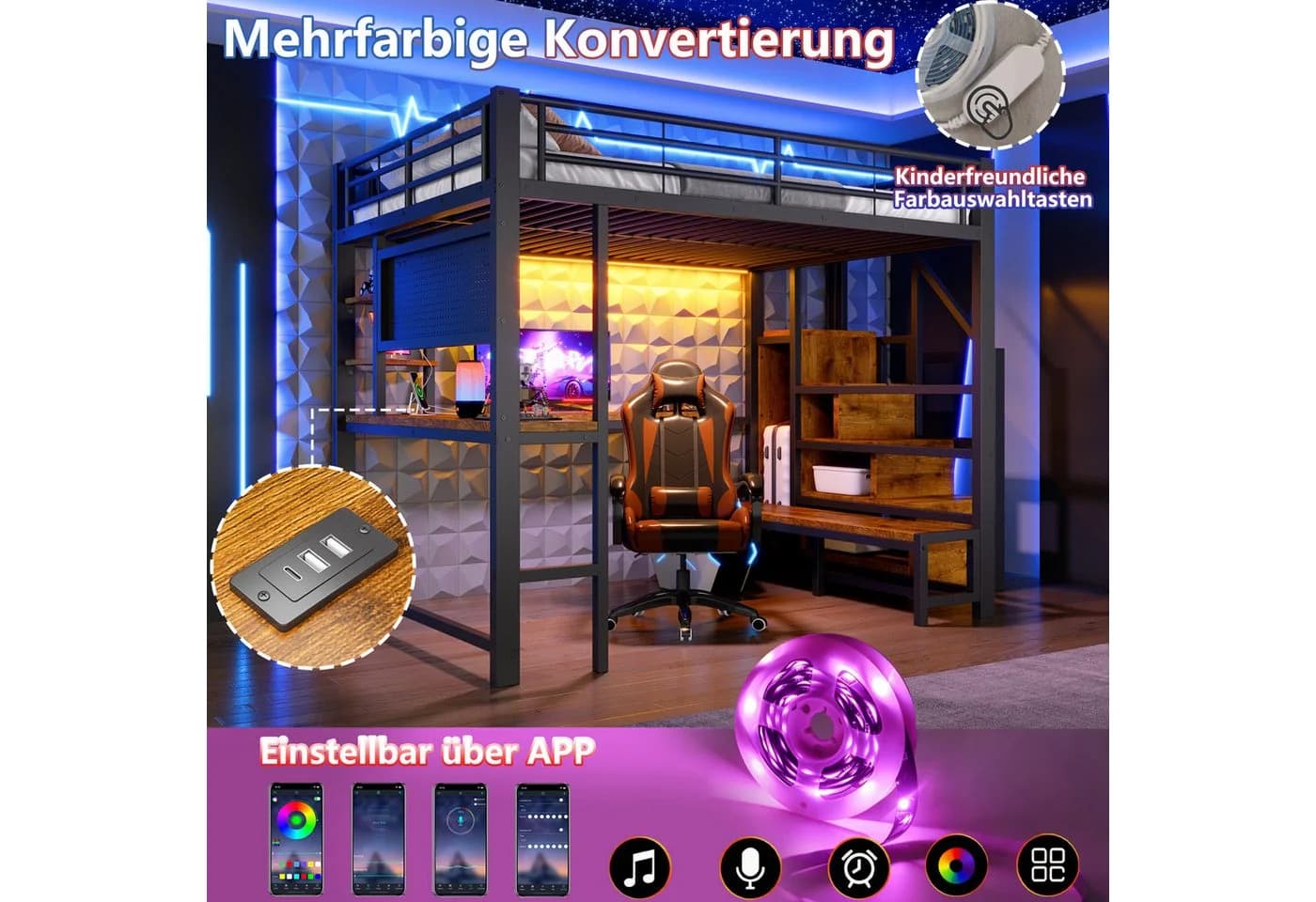 Flieks Hochbett Metallbett 140x200cm mit LED, Schreibtisch & Stauraum - Bild 4
