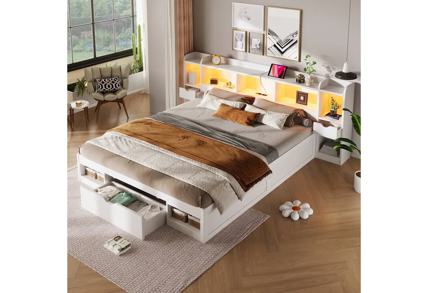 Flieks Stauraumbett 180x200 weiß mit 3 Schubladen und LED - Bild 2