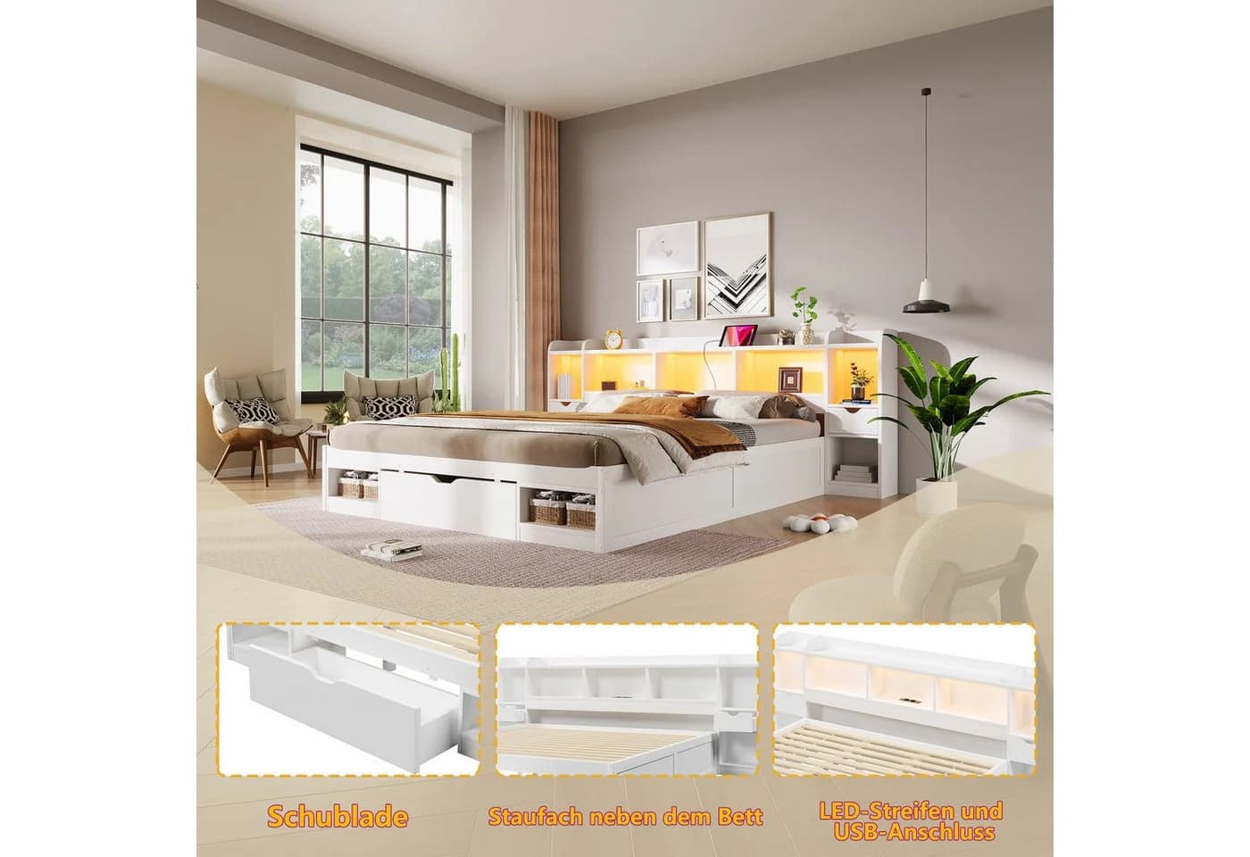Flieks Stauraumbett 180x200 weiß mit 3 Schubladen und LED - Bild 5