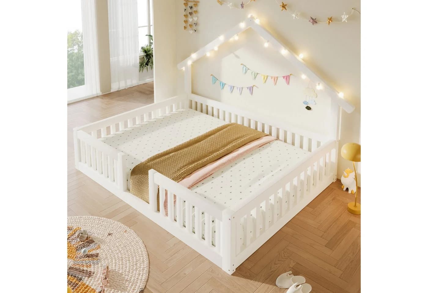 Flieks Kinderbett Hausbett Bodenbett 140x200cm mit LED-Lichterkette weiß