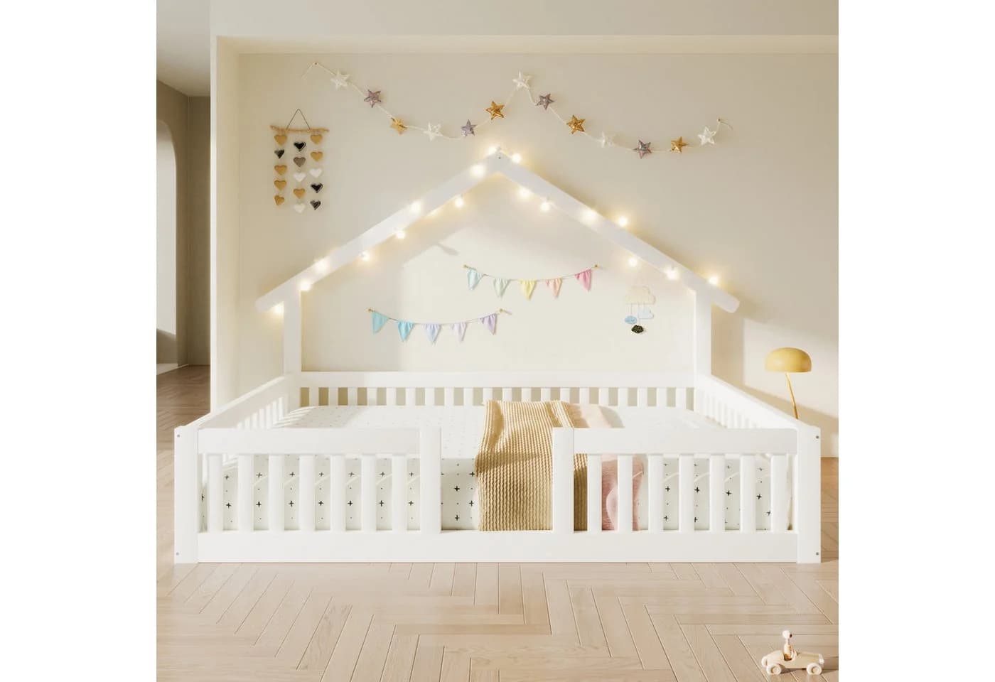 Flieks Kinderbett Hausbett Bodenbett 140x200cm mit LED-Lichterkette weiß - Bild 3