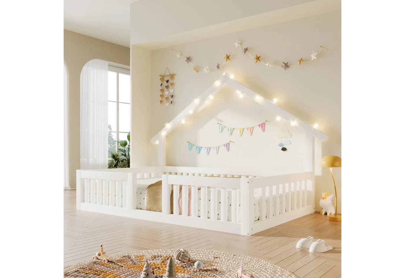 Flieks Kinderbett Hausbett Bodenbett 90x200cm weiß mit LED-Lichterkette - Bild 2