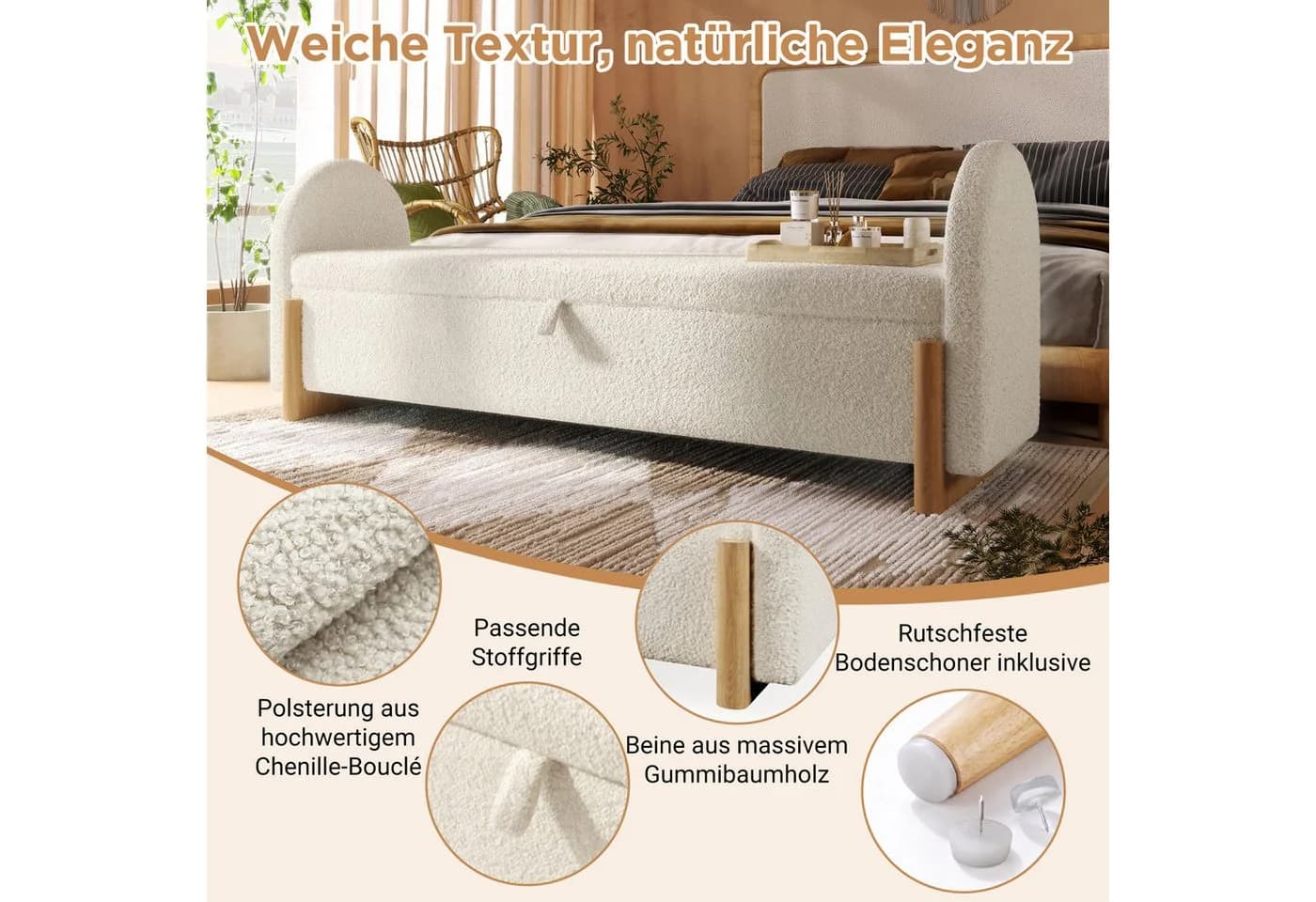 Flieks Polsterbank mit Stauraum und Holzbeinen Weiß - Bild 4