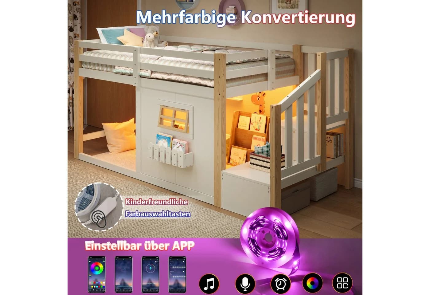 Flieks Hochbett Hausform 90x200 mit LED & Stauraumtreppe - Bild 5