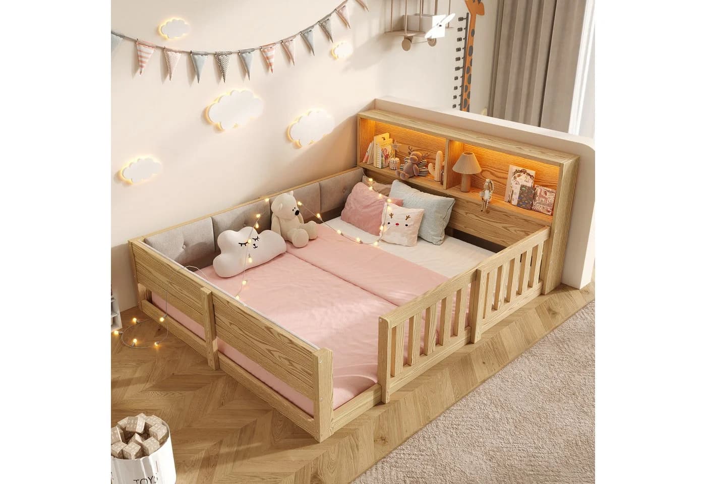Flieks Kinderbett Bodenbett mit LED-Lichtleiste und Gitter Beige - Bild 2