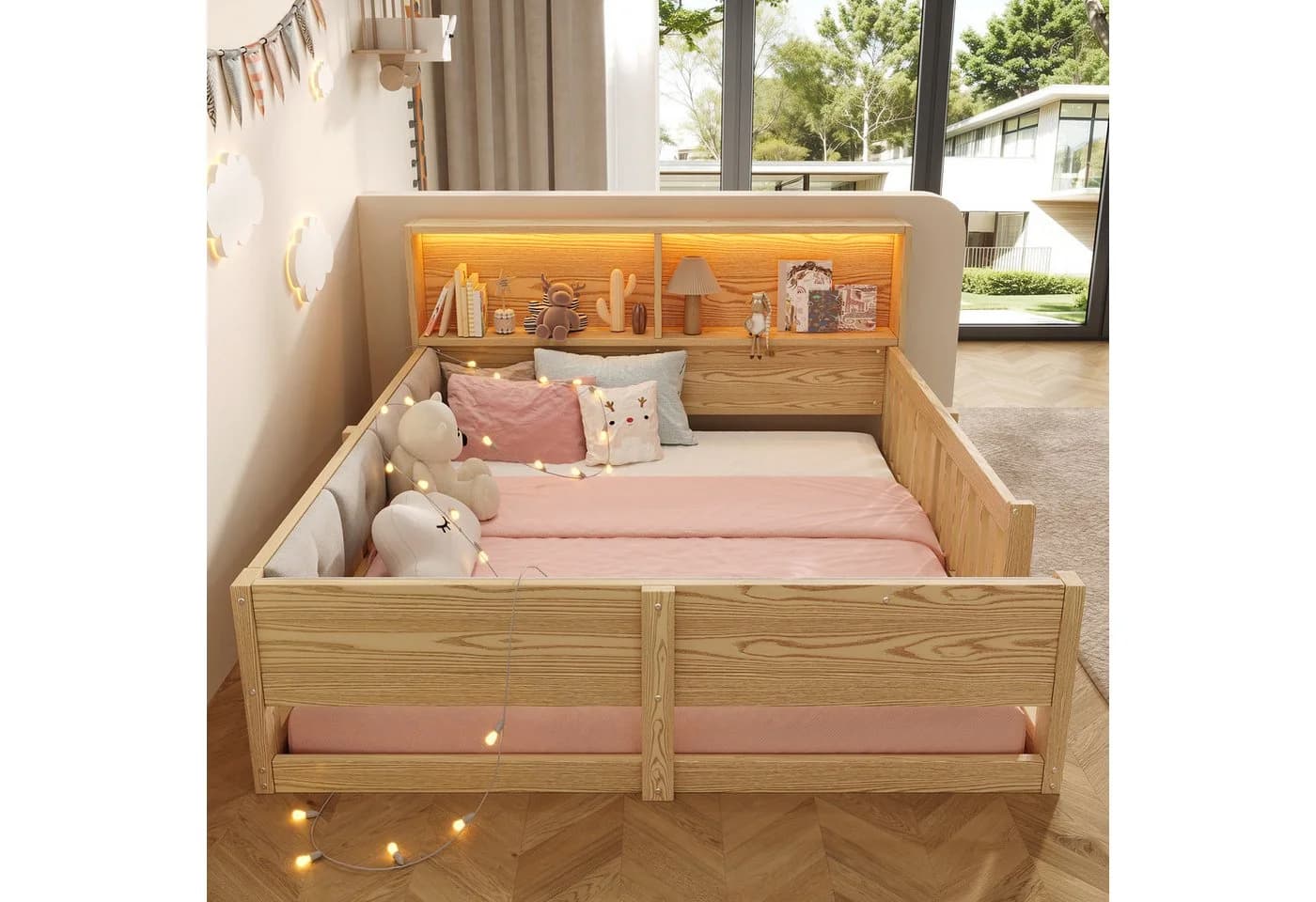 Flieks Kinderbett Bodenbett mit LED-Lichtleiste und Gitter Beige - Bild 3