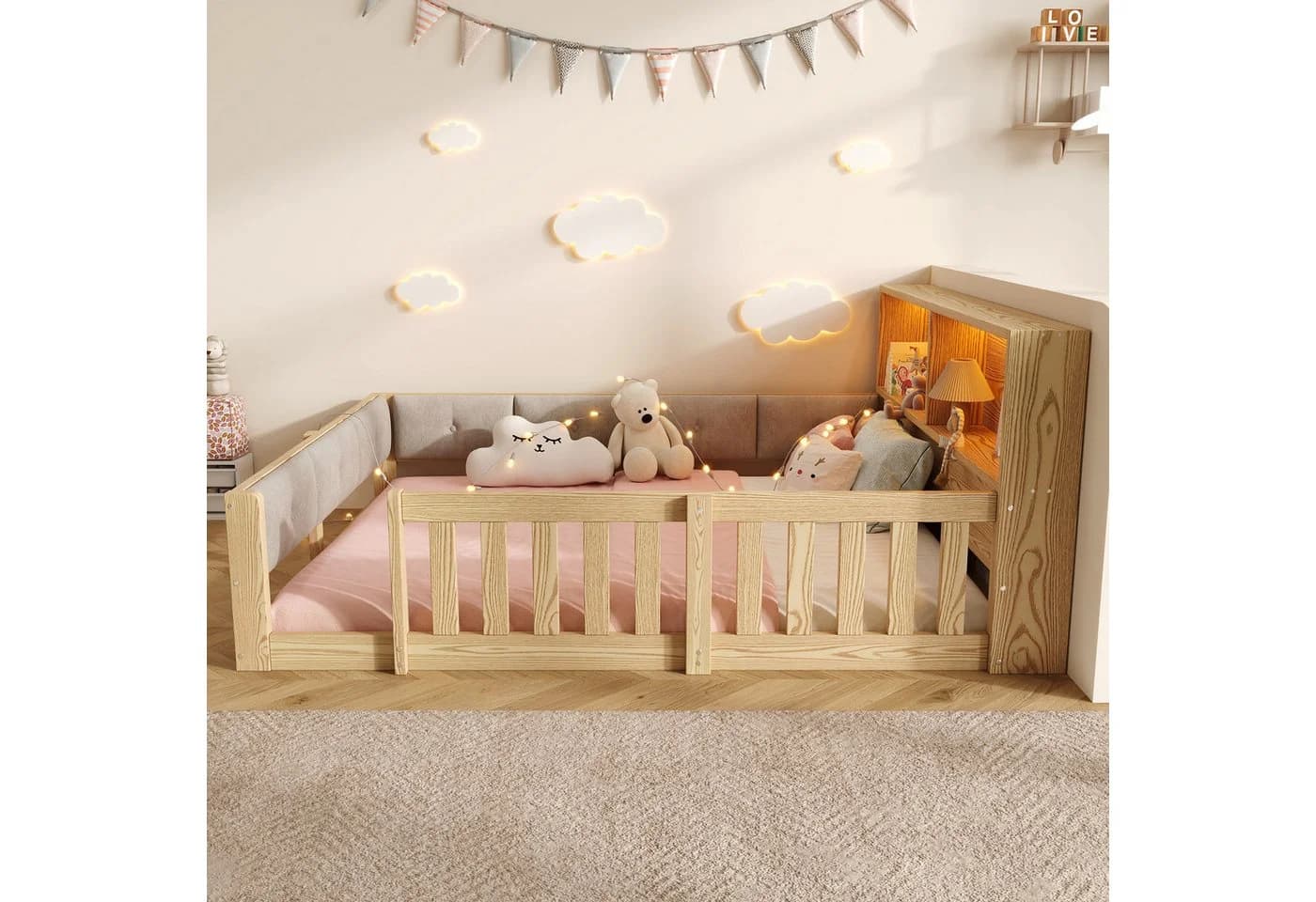 Flieks Kinderbett Bodenbett mit LED-Lichtleiste und Gitter Beige - Bild 4