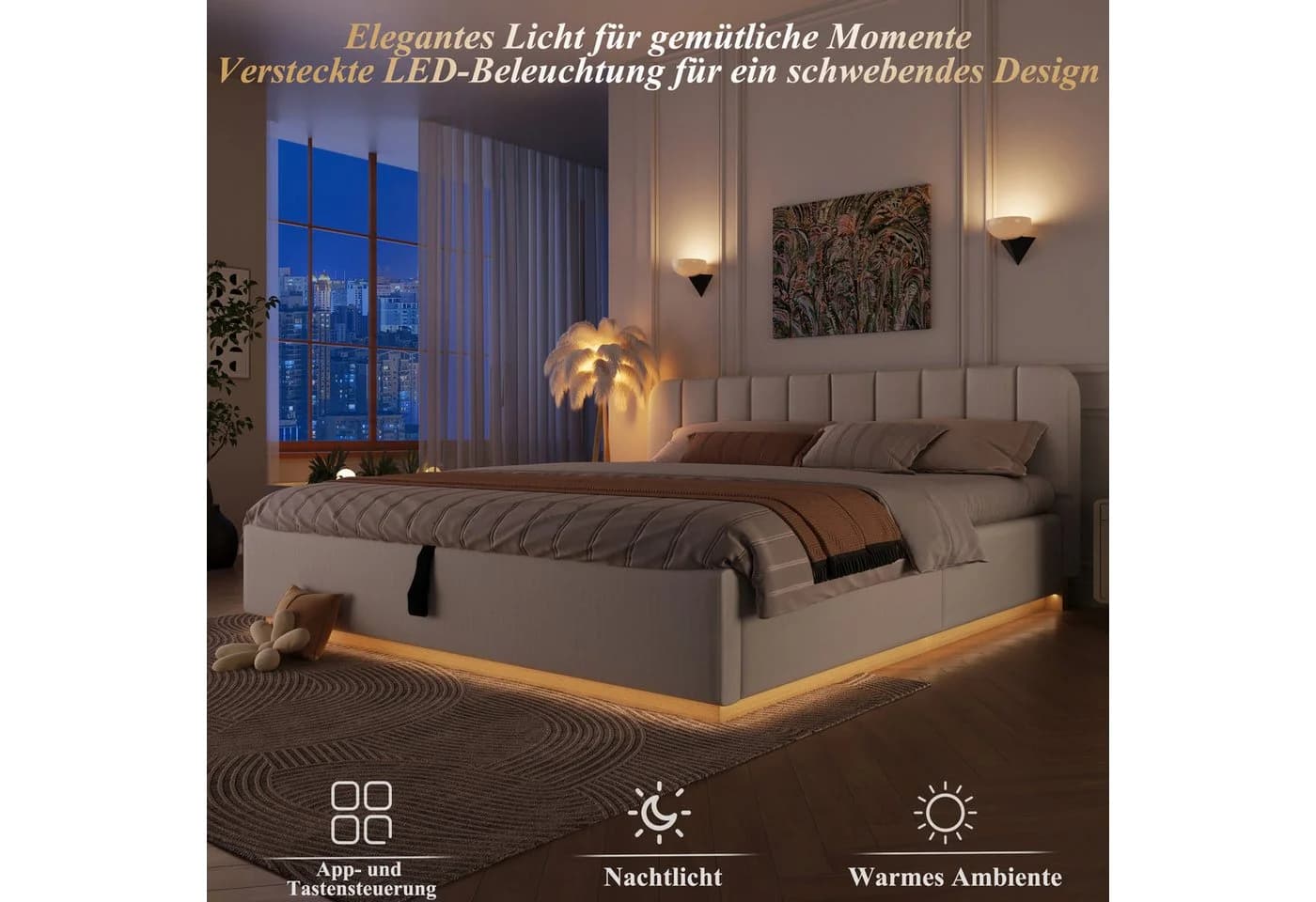 Flieks Polsterbett 180x200 mit LED und Stauraum Beige - Bild 4